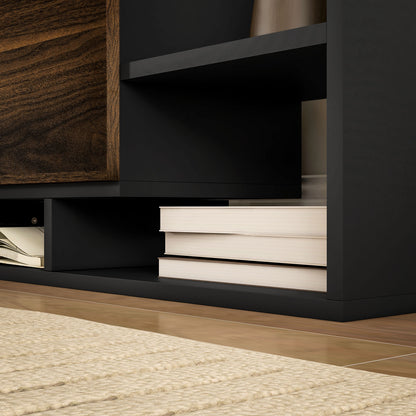 Wall-Mounted TV Stand with Open Shelves and Wood Cabinet, Modern TV Stand for Living Room and Bedroom, Black and Brown