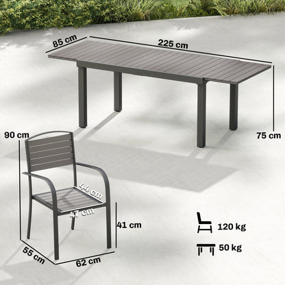 7-Piece Extendable Outdoor Dining Set with 6 Chairs, Wood-Look Slatted Design, Aluminum Frame, Weatherproof, Gray
