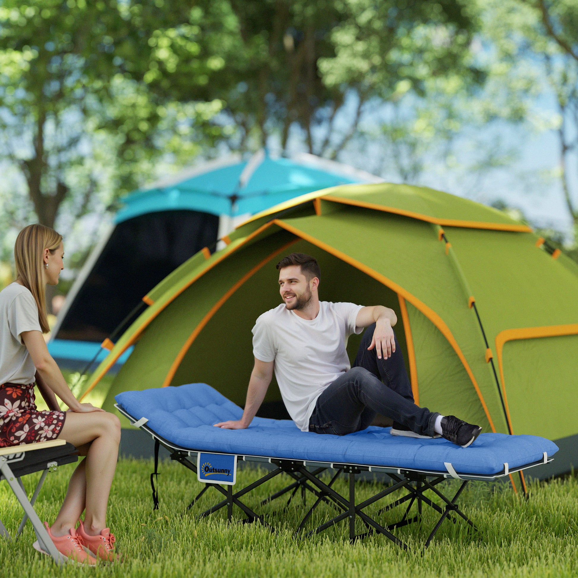 Folding Camp Bed with Mattress, Pillow, Side Pocket 190 x 65 x 37 cm Camping Cot for Adults Guest Bed up to 150 kg Folding Bed for Outdoor, Garden Camping Travel Blue