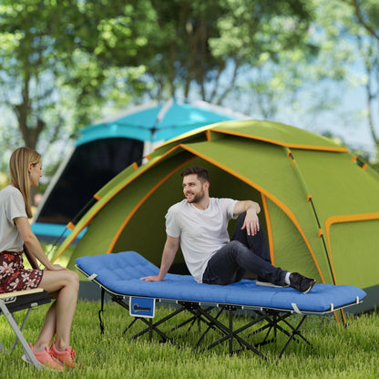 Folding Camp Bed with Mattress, Pillow, Side Pocket 190 x 65 x 37 cm Camping Cot for Adults Guest Bed up to 150 kg Folding Bed for Outdoor, Garden Camping Travel Blue