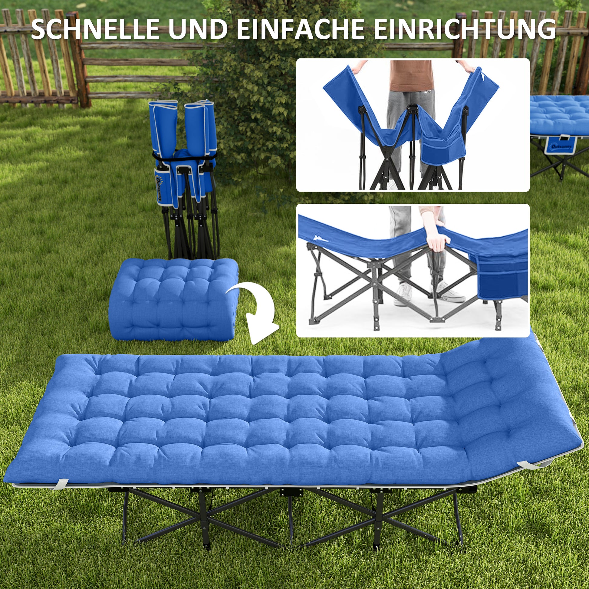 Folding Camp Bed with Mattress, Pillow, Side Pocket 190 x 65 x 37 cm Camping Cot for Adults Guest Bed up to 150 kg Folding Bed for Outdoor, Garden Camping Travel Blue