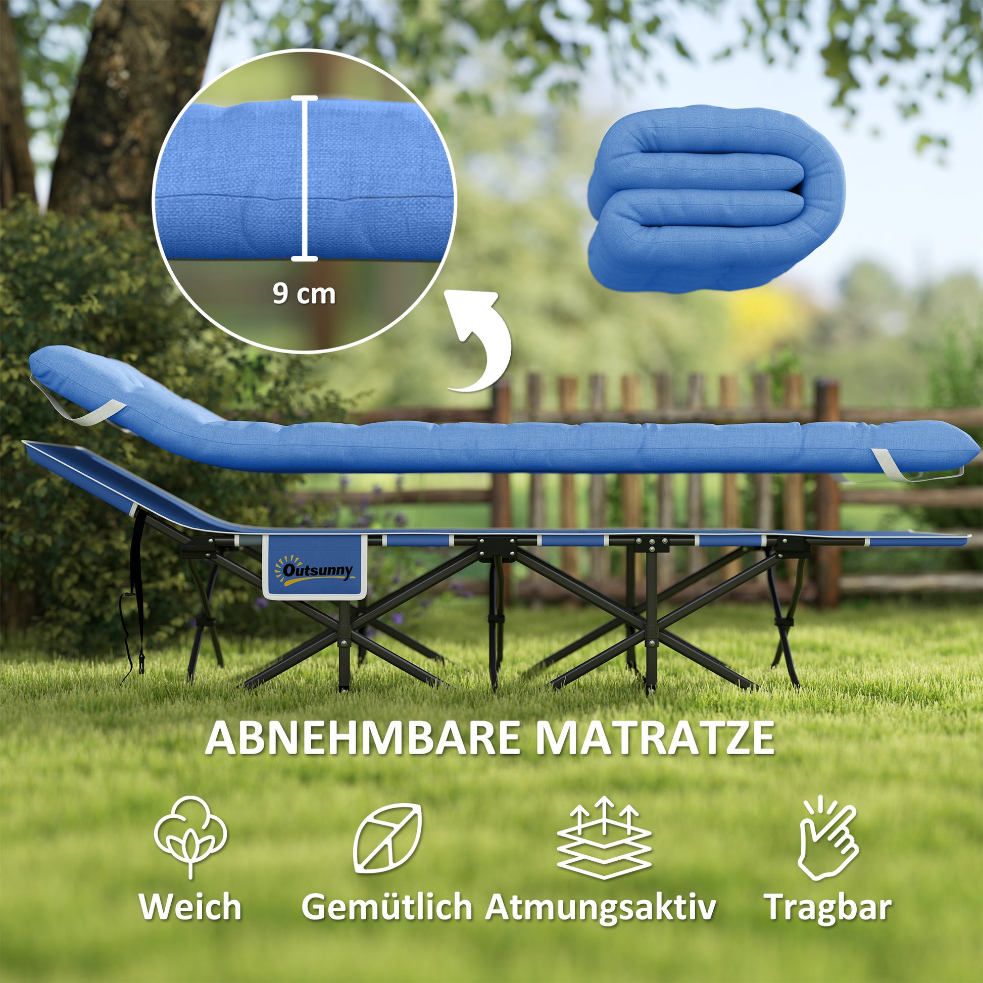 Folding Camp Bed with Mattress, Pillow, Side Pocket 190 x 65 x 37 cm Camping Cot for Adults Guest Bed up to 150 kg Folding Bed for Outdoor, Garden Camping Travel Blue