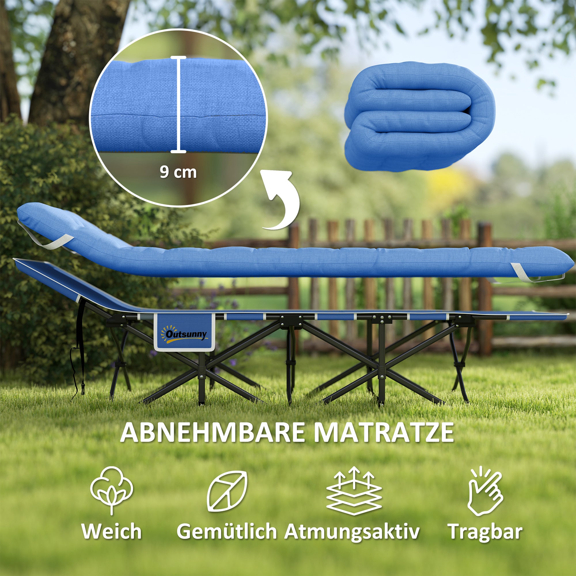 Folding Camp Bed with Mattress, Pillow, Side Pocket 190 x 65 x 37 cm Camping Cot for Adults Guest Bed up to 150 kg Folding Bed for Outdoor, Garden Camping Travel Blue