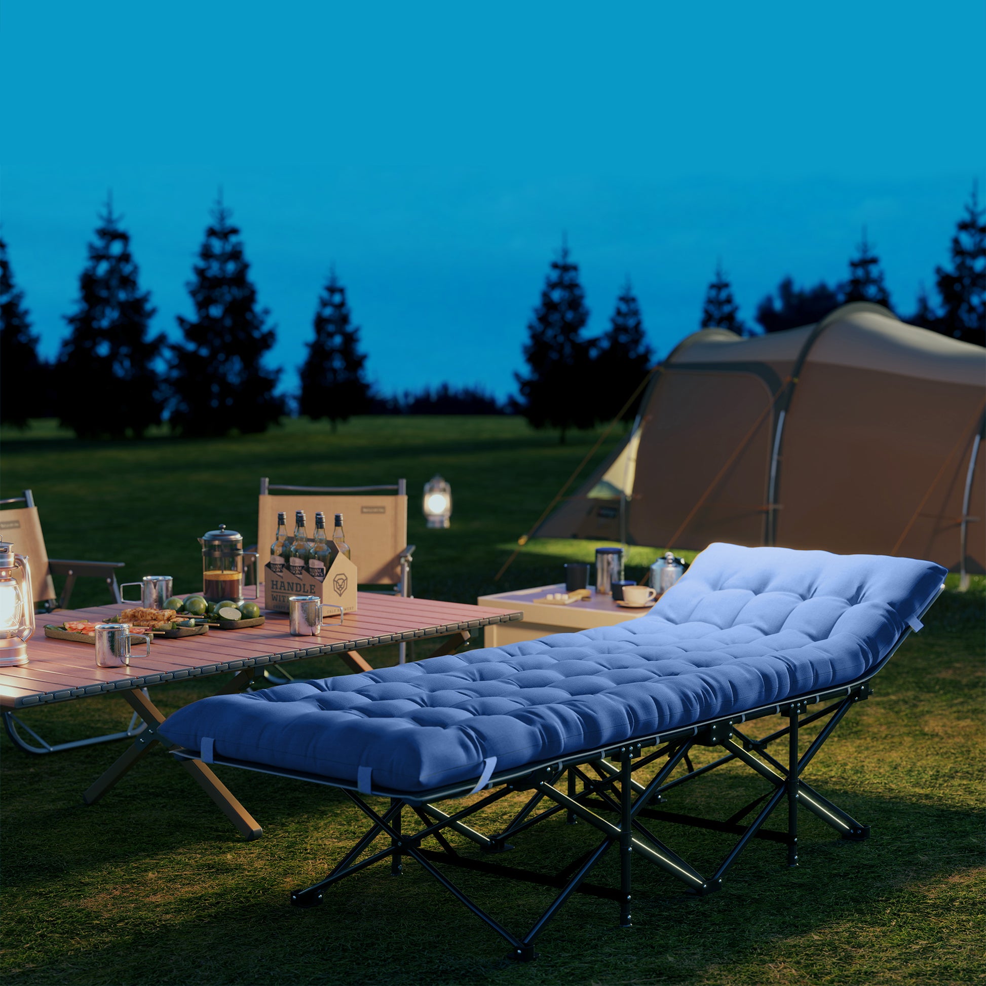 Folding Camp Bed with Mattress, Pillow, Side Pocket 190 x 65 x 37 cm Camping Cot for Adults Guest Bed up to 150 kg Folding Bed for Outdoor, Garden Camping Travel Blue