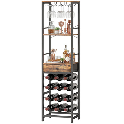 12-Bottle Wine Rack with Open Shelf and Drawer, Industrial Metal Wine Shelf for Kitchen, Living Room, Bar — 15.7 x 11.8 x 58.3 in (40 x 30 x 148 cm), Rustic Brown