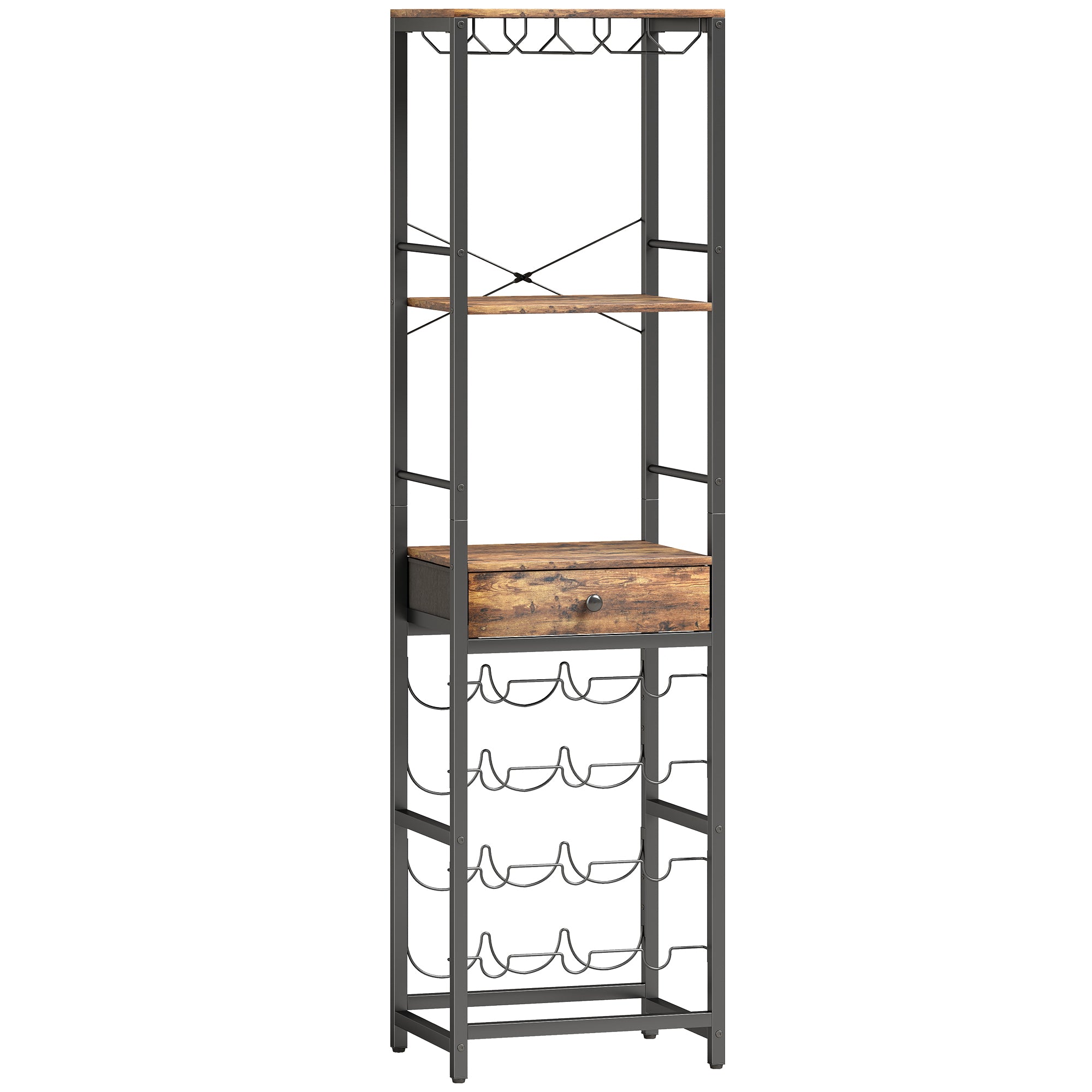 12-Bottle Wine Rack with Open Shelf and Drawer, Industrial Metal Wine Shelf for Kitchen, Living Room, Bar — 15.7 x 11.8 x 58.3 in (40 x 30 x 148 cm), Rustic Brown