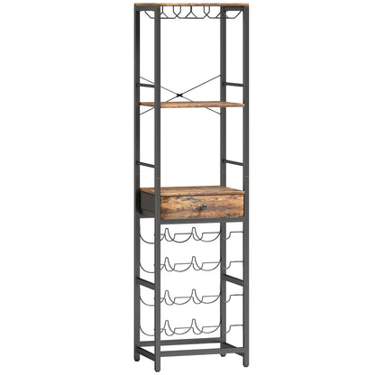 12-Bottle Wine Rack with Open Shelf and Drawer, Industrial Metal Wine Shelf for Kitchen, Living Room, Bar — 15.7 x 11.8 x 58.3 in (40 x 30 x 148 cm), Rustic Brown