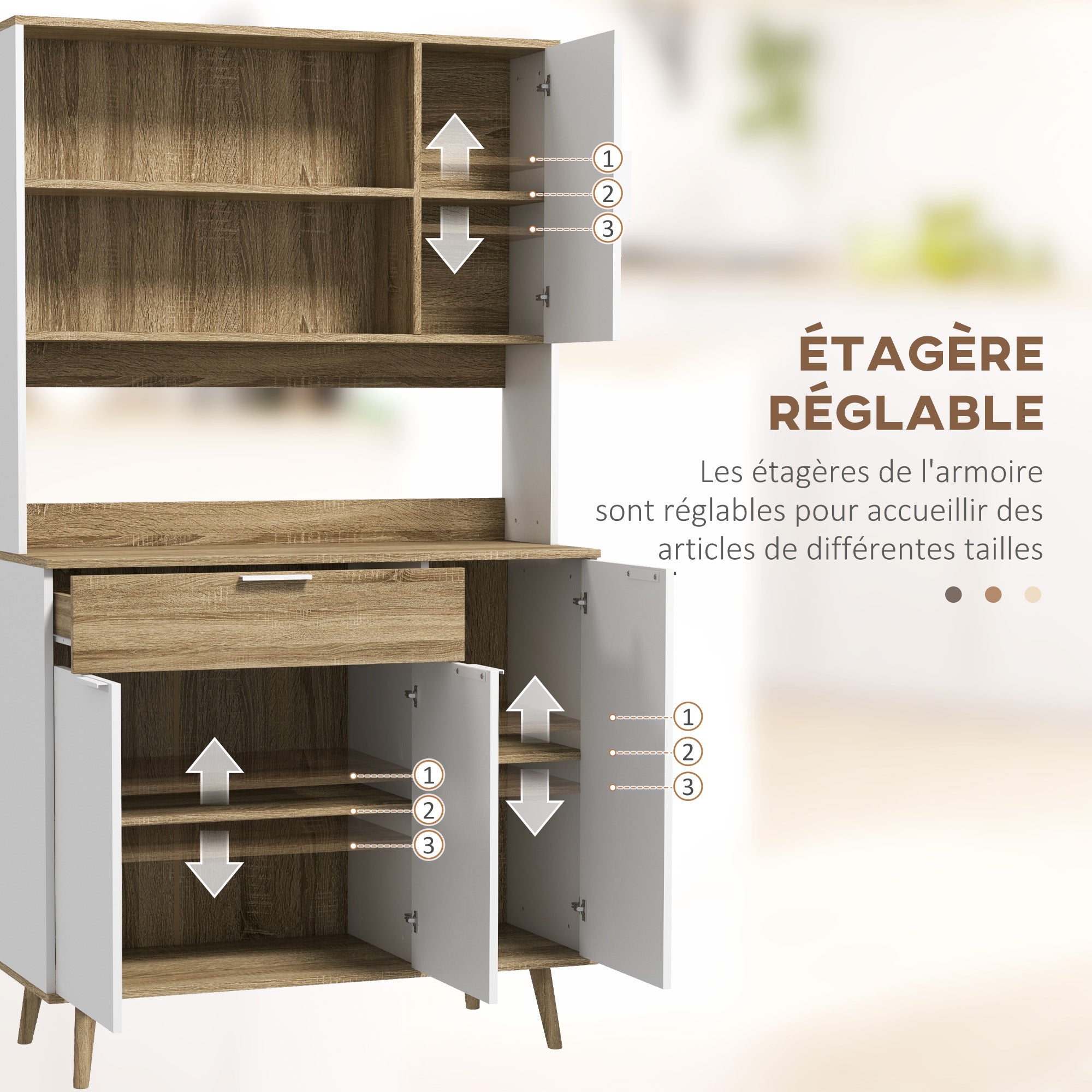 Kitchen Cabinet, Kitchen Buffet, 4 Doors with Adjustable Shelves, 1 Drawer, Scandinavian Design, 98 x 39 x 180 cm, White and Natural