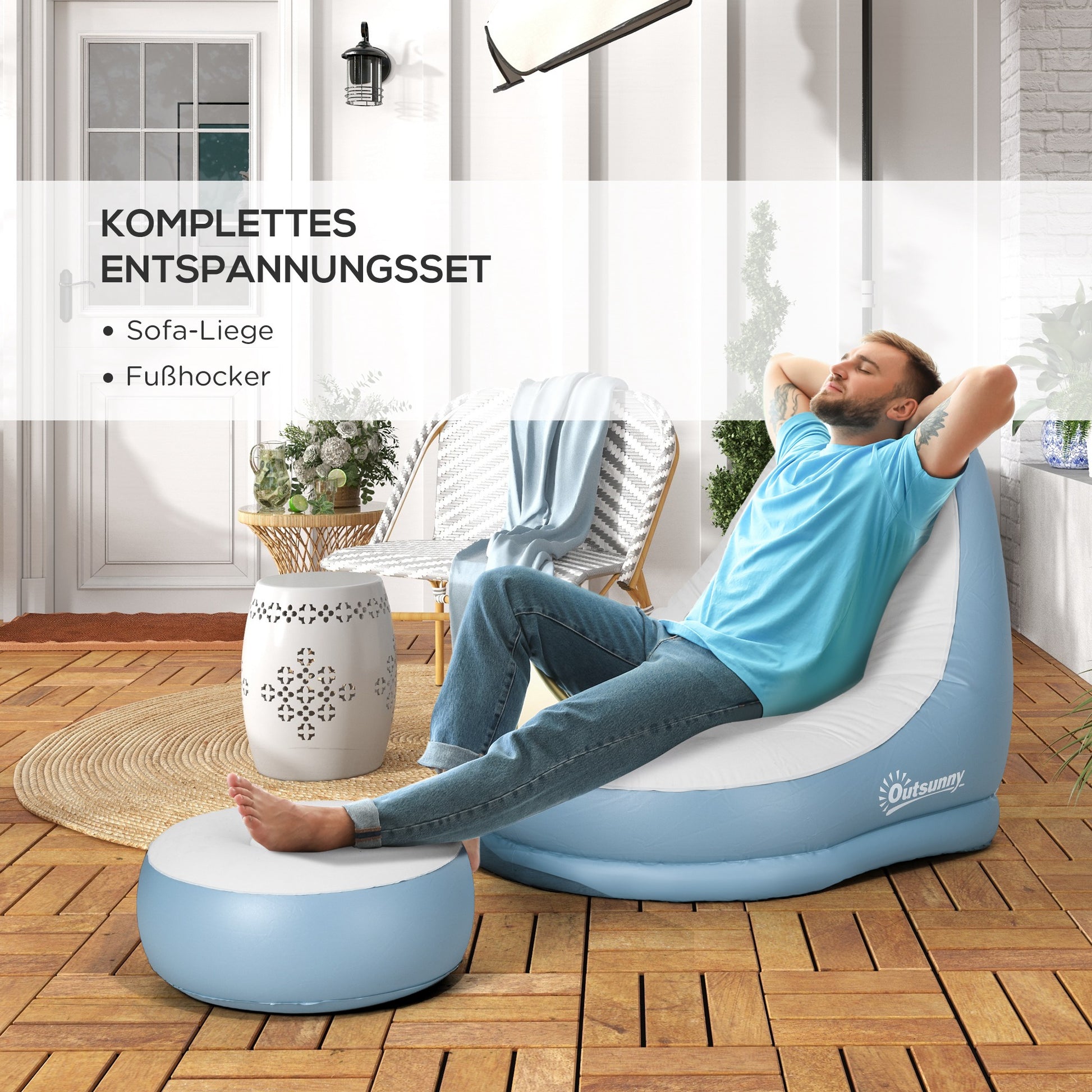 Inflatable Sofa, Inflatable Chair with Footstool Air Sofa with Cup Holder, for Camping, Home, White, 125 x 100 x 87 cm