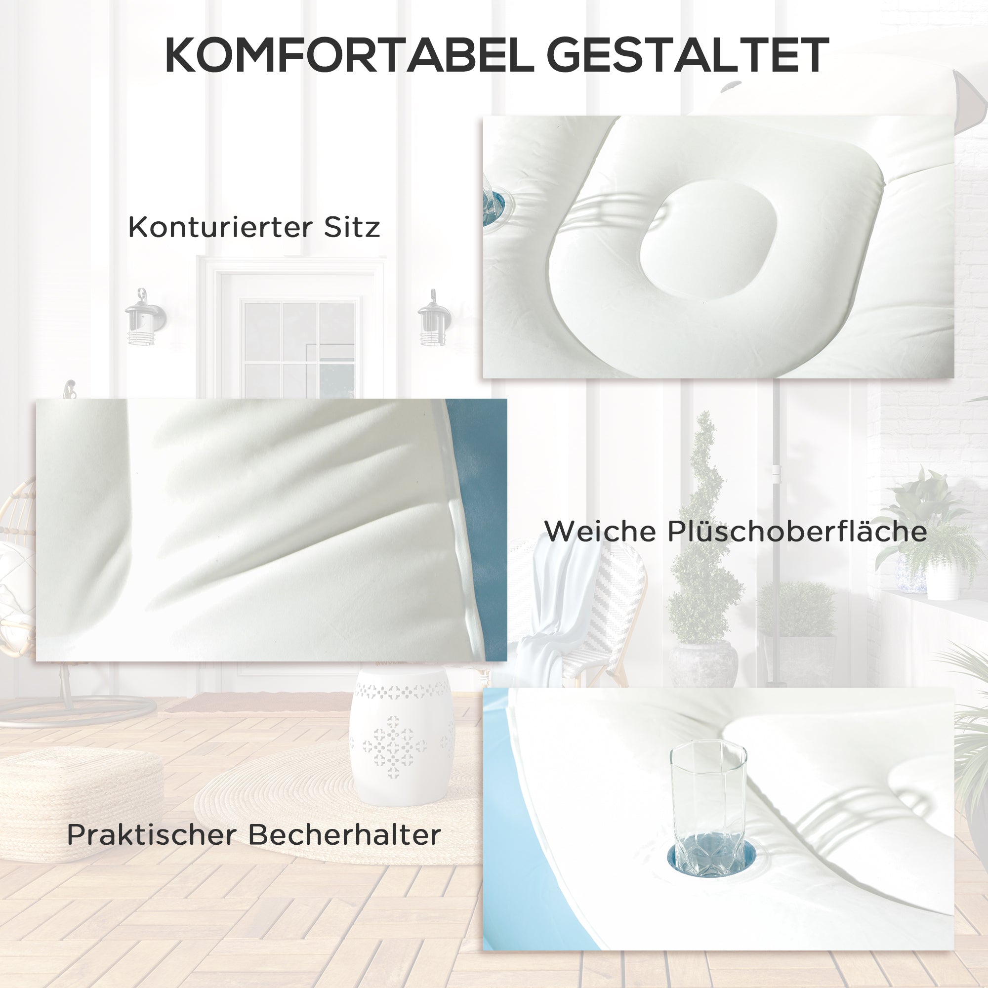 Inflatable Sofa, Inflatable Chair with Footstool Air Sofa with Cup Holder, for Camping, Home, White, 125 x 100 x 87 cm