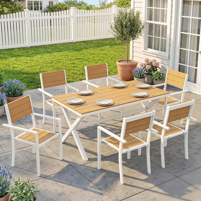 7-Piece Outdoor Dining Set — Rectangular Table with 6 Stackable Chairs, Teak-Effect Synthetic Wood Slats, Aluminum Frame, Space-Saving, Weather-Resistant