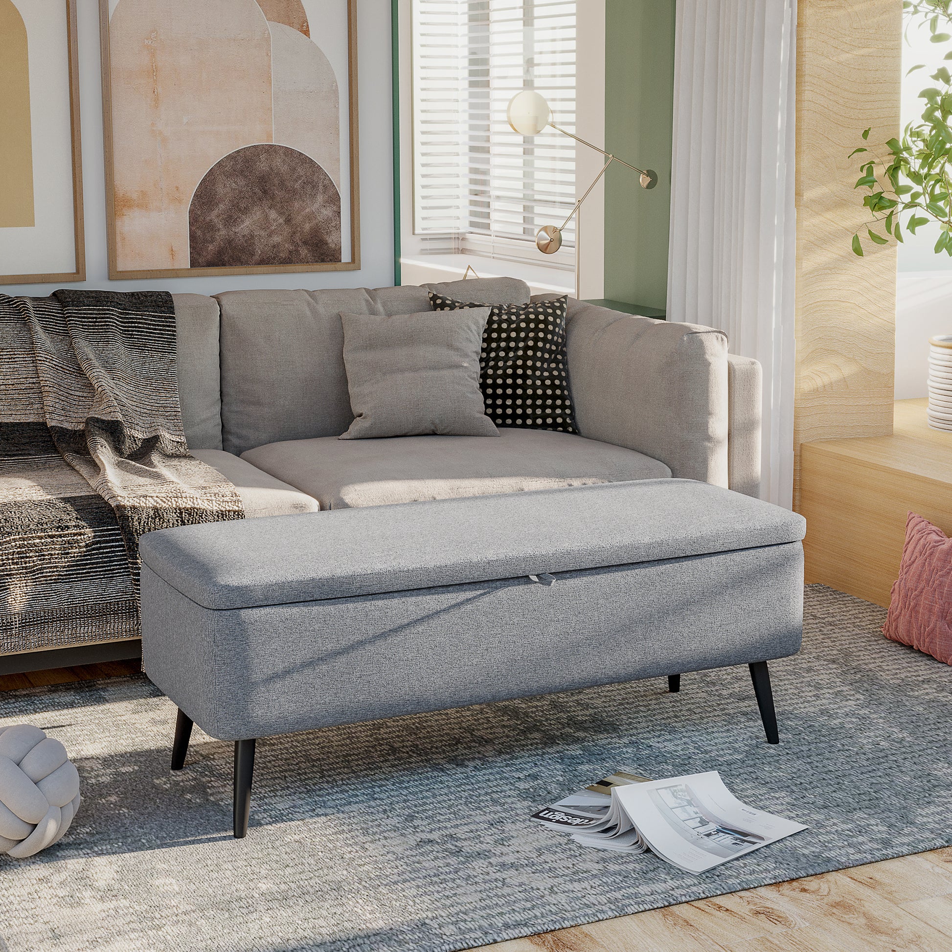 Storage Bench, Upholstered Bench with Storage, Linen-look, Bed Bench with Steel Legs for Living Room, Hallway, Bedroom, up to 150 kg load capacity, 101 x 38.5 x 44.5 cm, Gray