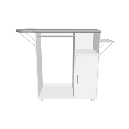 Ironing Cabinet with Foldable Ironing Board Wheels Hanging Rail Adjustable Shelves Storage Unit for Bedroom Living Room White 127 x 42.5 x 99 cm