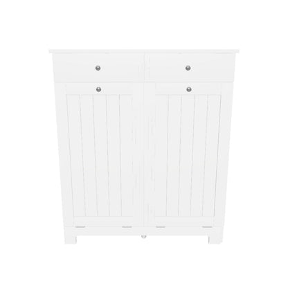 Bathroom Laundry Mobile with 2 Flip Doors and Dirty Laundry Baskets, Laundry Cabinet Wooden Mobile with 2 Drawers and Foldable Bags for Laundry, 78x38x90 cm, White