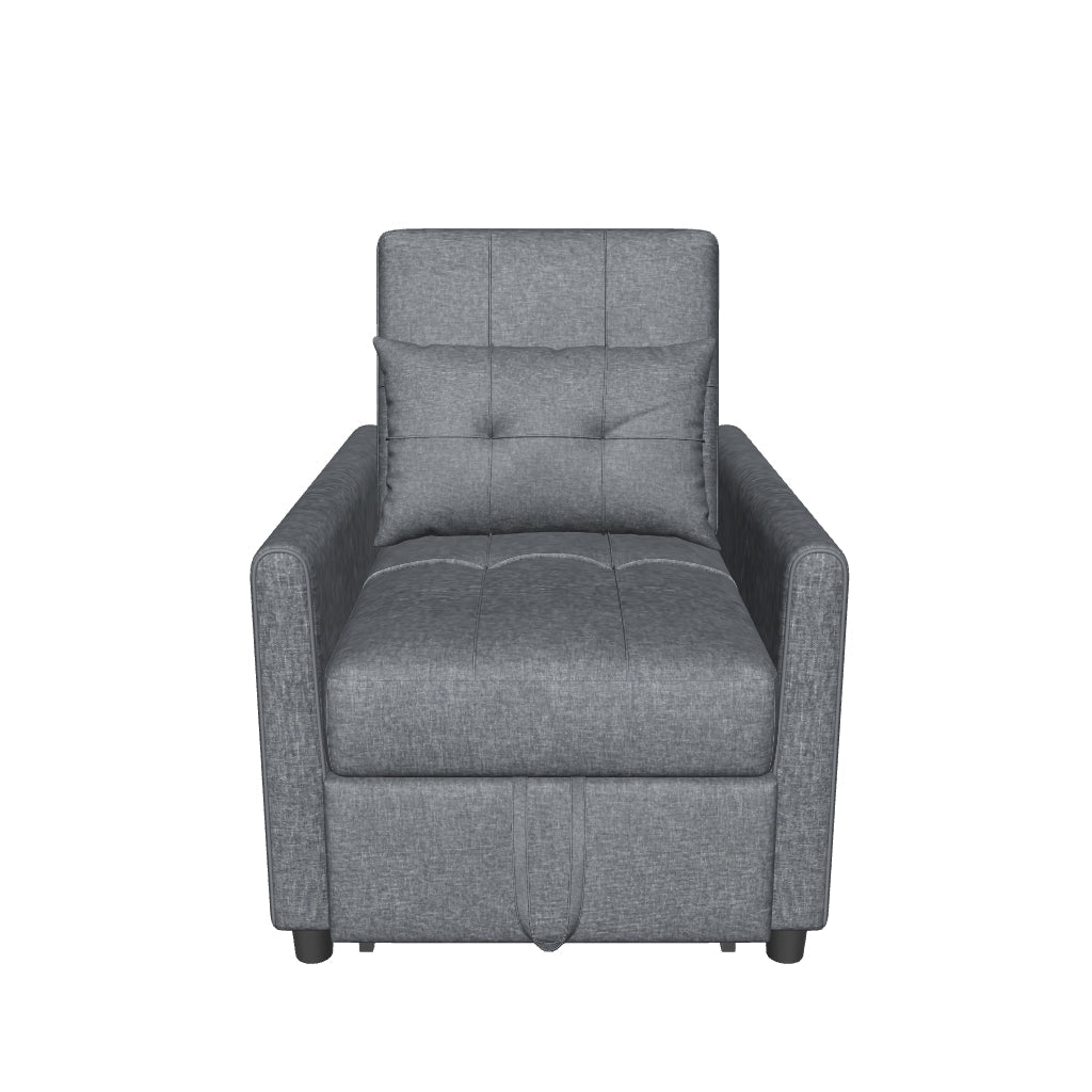 Single Sofa Bed with 3-Level Reclining Backrest, 2 Wheels and Cushion, Single Foldable Sofa Bed for Living Room in Linen Effect Fabric and Wood, 69x82x85cm, Gray