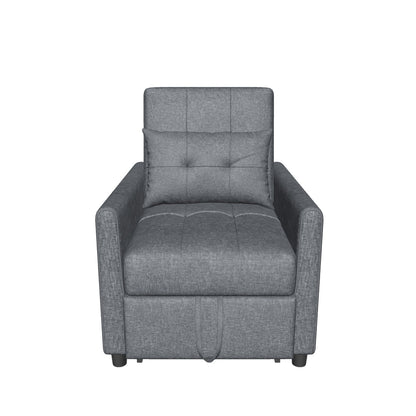 Single Sofa Bed with 3-Level Reclining Backrest, 2 Wheels and Cushion, Single Foldable Sofa Bed for Living Room in Linen Effect Fabric and Wood, 69x82x85cm, Gray