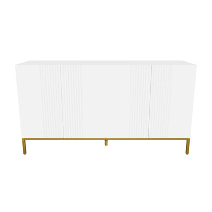 Contemporary Graphic Design Storage Buffet Cabinet with 2 Cupboards Adjustable Shelves White Wood Golden Metal
