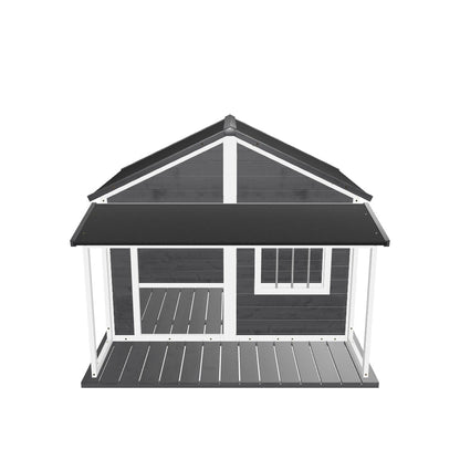 PawHut Solid Wood Hundehus - Lille Dyrehus med Terrasse & Asfalt Tag - Udenfor Vejrbestandig Beskyttelse - Grå 124 x 112 x 105 cm