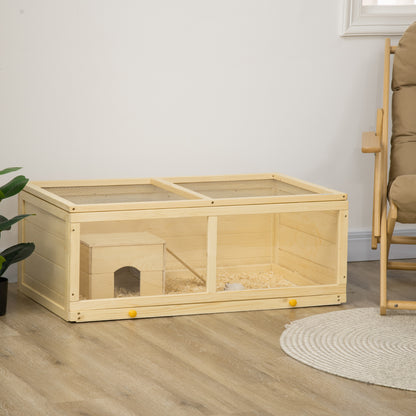 Wooden Hamster Cage 100x58x38 cm Rodent House with Flip-Top Lid Acrylic Panel Slide-Out Tray and Cabin for Rabbits Chinchillas Natural