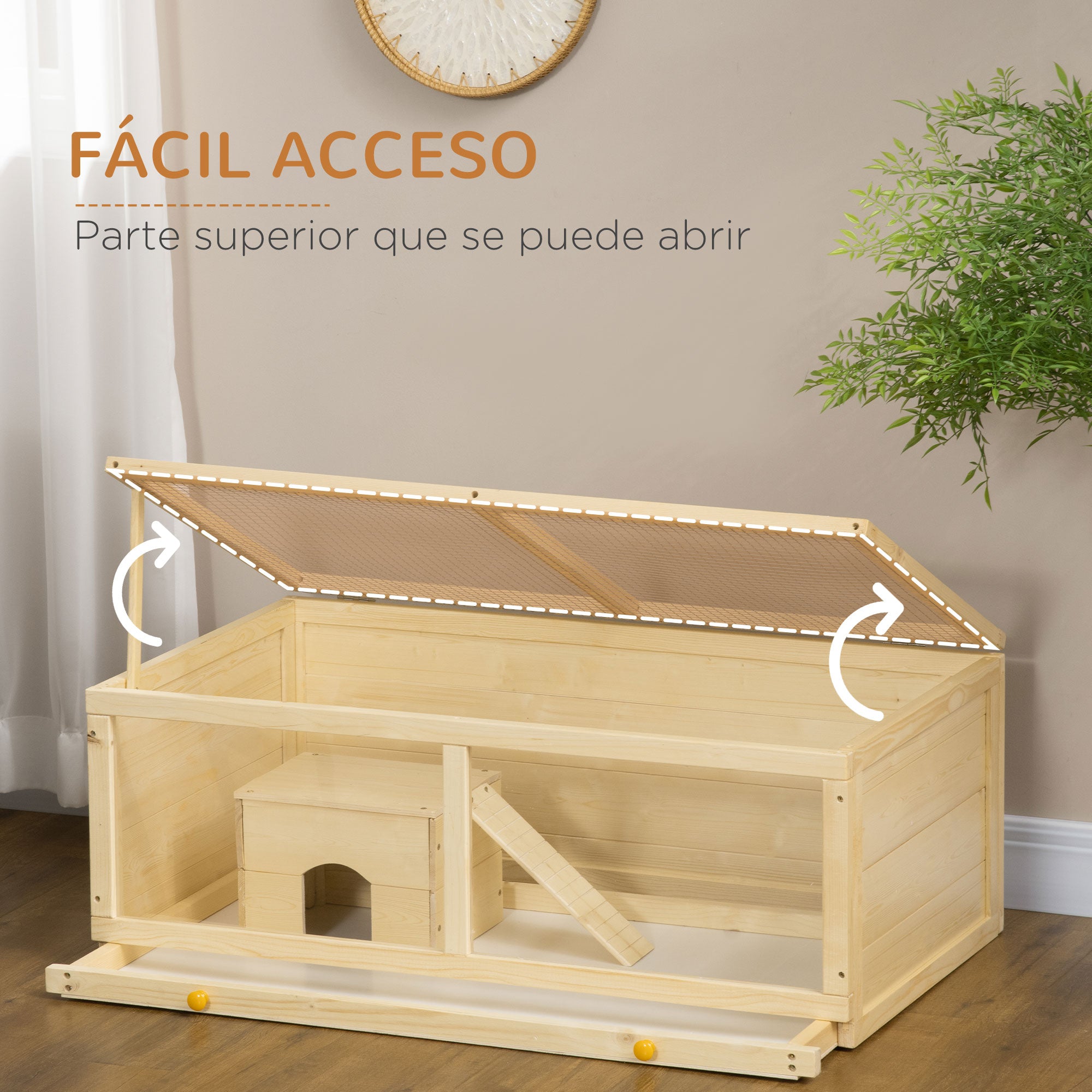 Wooden Hamster Cage 100x58x38 cm Rodent House with Flip-Top Lid Acrylic Panel Slide-Out Tray and Cabin for Rabbits Chinchillas Natural