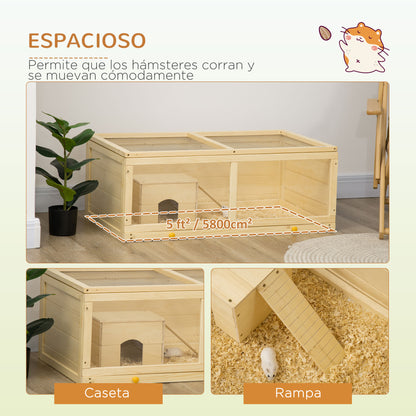 Wooden Hamster Cage 100x58x38 cm Rodent House with Flip-Top Lid Acrylic Panel Slide-Out Tray and Cabin for Rabbits Chinchillas Natural