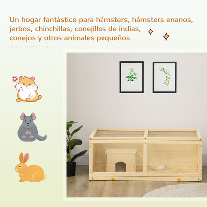 Wooden Hamster Cage 100x58x38 cm Rodent House with Flip-Top Lid Acrylic Panel Slide-Out Tray and Cabin for Rabbits Chinchillas Natural