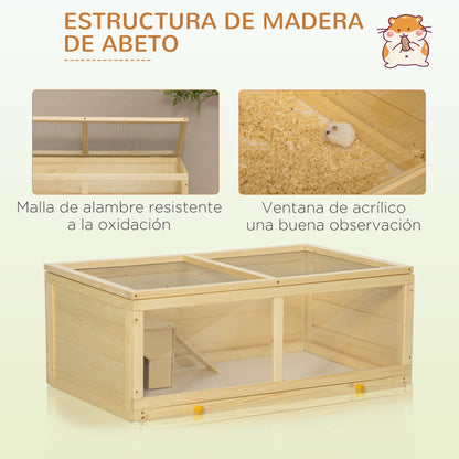 Wooden Hamster Cage 100x58x38 cm Rodent House with Flip-Top Lid Acrylic Panel Slide-Out Tray and Cabin for Rabbits Chinchillas Natural