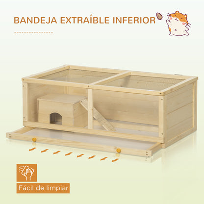 Wooden Hamster Cage 100x58x38 cm Rodent House with Flip-Top Lid Acrylic Panel Slide-Out Tray and Cabin for Rabbits Chinchillas Natural