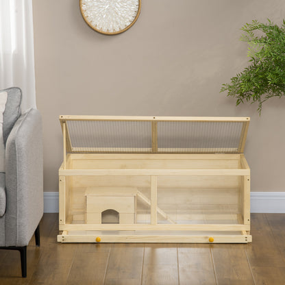 Wooden Hamster Cage 100x58x38 cm Rodent House with Flip-Top Lid Acrylic Panel Slide-Out Tray and Cabin for Rabbits Chinchillas Natural