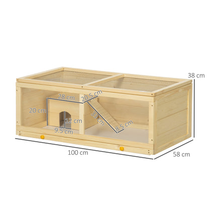 Wooden Hamster Cage 100x58x38 cm Rodent House with Flip-Top Lid Acrylic Panel Slide-Out Tray and Cabin for Rabbits Chinchillas Natural