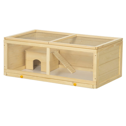 Wooden Hamster Cage 100x58x38 cm Rodent House with Flip-Top Lid Acrylic Panel Slide-Out Tray and Cabin for Rabbits Chinchillas Natural