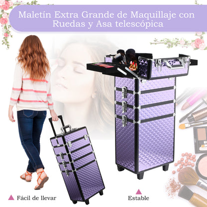 Professional Makeup Case with Universal Wheels, Different Levels, Extendable Handle, Makeup Trolley Aluminum Alloy 33.5x23x76/95.5 cm Violet
