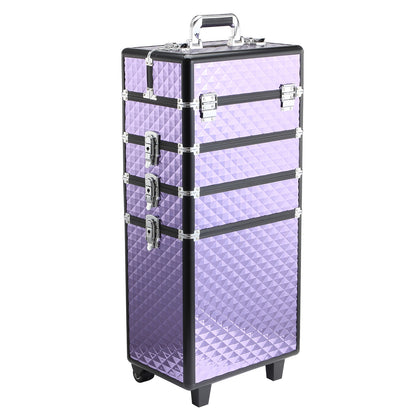 Professional Makeup Case with Universal Wheels, Different Levels, Extendable Handle, Makeup Trolley Aluminum Alloy 33.5x23x76/95.5 cm Violet