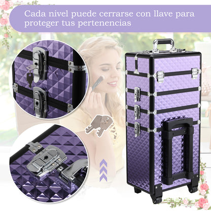 Professional Makeup Case with Universal Wheels, Different Levels, Extendable Handle, Makeup Trolley Aluminum Alloy 33.5x23x76/95.5 cm Violet