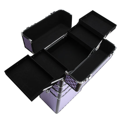 Professional Makeup Case with Universal Wheels, Different Levels, Extendable Handle, Makeup Trolley Aluminum Alloy 33.5x23x76/95.5 cm Violet