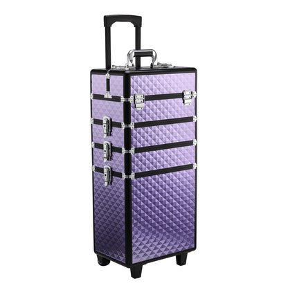 Professional Makeup Case with Universal Wheels, Different Levels, Extendable Handle, Makeup Trolley Aluminum Alloy 33.5x23x76/95.5 cm Violet