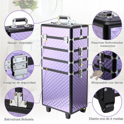 Professional Makeup Case with Universal Wheels, Different Levels, Extendable Handle, Makeup Trolley Aluminum Alloy 33.5x23x76/95.5 cm Violet