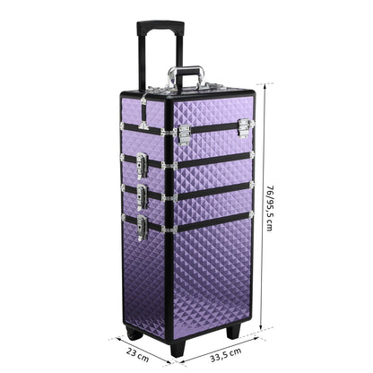 Professional Makeup Case with Universal Wheels, Different Levels, Extendable Handle, Makeup Trolley Aluminum Alloy 33.5x23x76/95.5 cm Violet