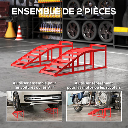 Set of 2 car access ramps, steel vehicle lifting ramp, non-slip, for vehicle maintenance and repair, for garage, home, workshop, red