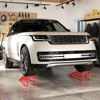 Set of 2 car access ramps, steel vehicle lifting ramp, non-slip, for vehicle maintenance and repair, for garage, home, workshop, red