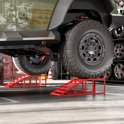 Set of 2 car access ramps, steel vehicle lifting ramp, non-slip, for vehicle maintenance and repair, for garage, home, workshop, red