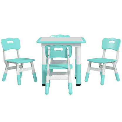 Children's Table and Chairs Set 18-60 Months, Space-Saving Design, Adjustable Height, Children's Table with Chalkboard for Kids' Room, in Wood and PP, for 4 Children, Green