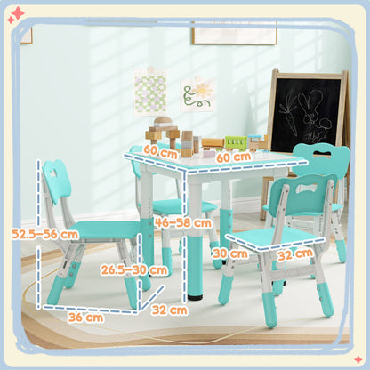 Children's Table and Chairs Set 18-60 Months, Space-Saving Design, Adjustable Height, Children's Table with Chalkboard for Kids' Room, in Wood and PP, for 4 Children, Green