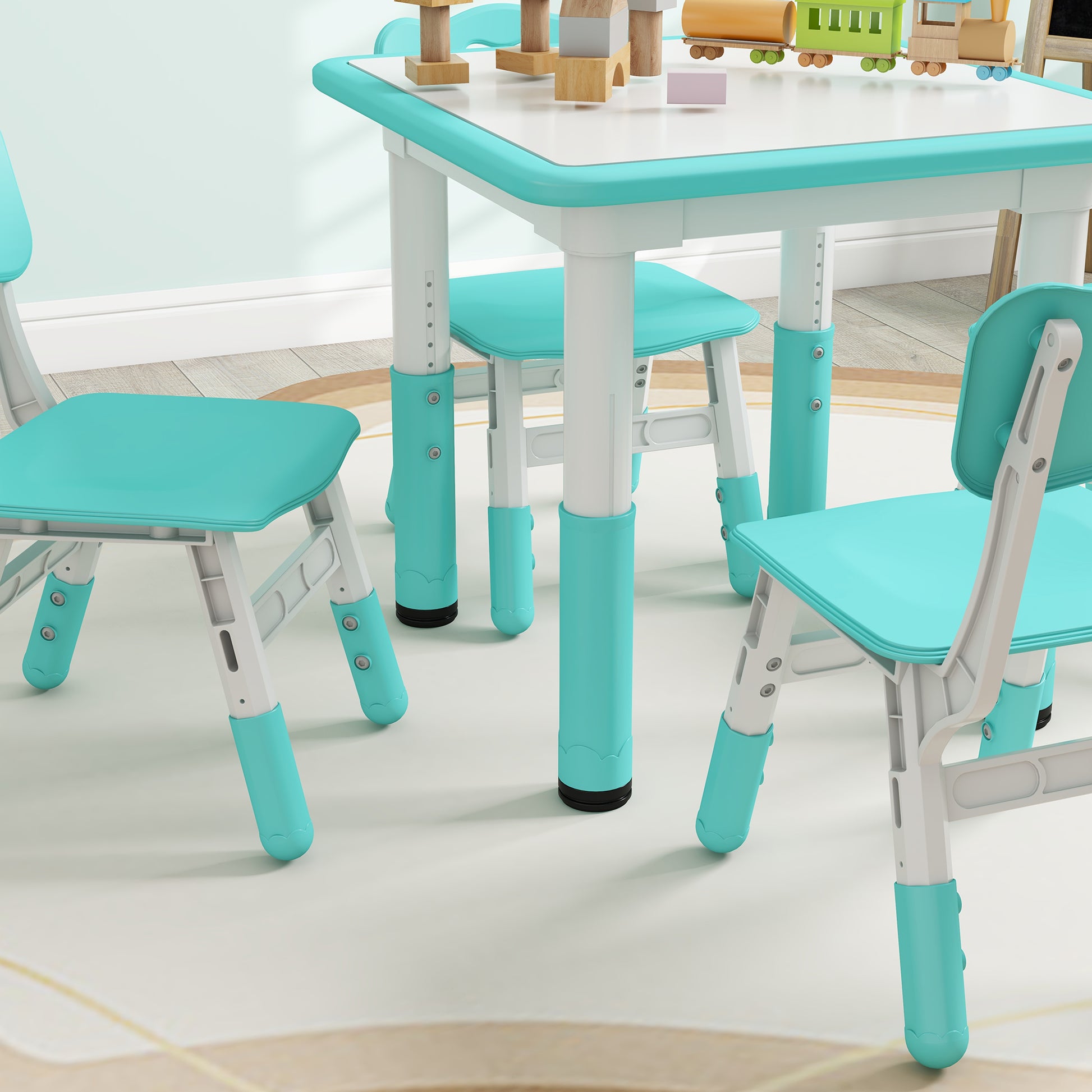 Children's Table and Chairs Set 18-60 Months, Space-Saving Design, Adjustable Height, Children's Table with Chalkboard for Kids' Room, in Wood and PP, for 4 Children, Green