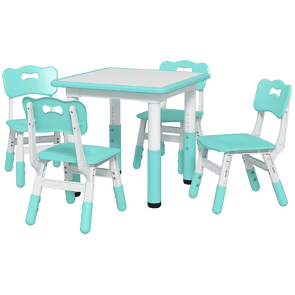 Children's Table and Chairs Set 18-60 Months, Space-Saving Design, Adjustable Height, Children's Table with Chalkboard for Kids' Room, in Wood and PP, for 4 Children, Green