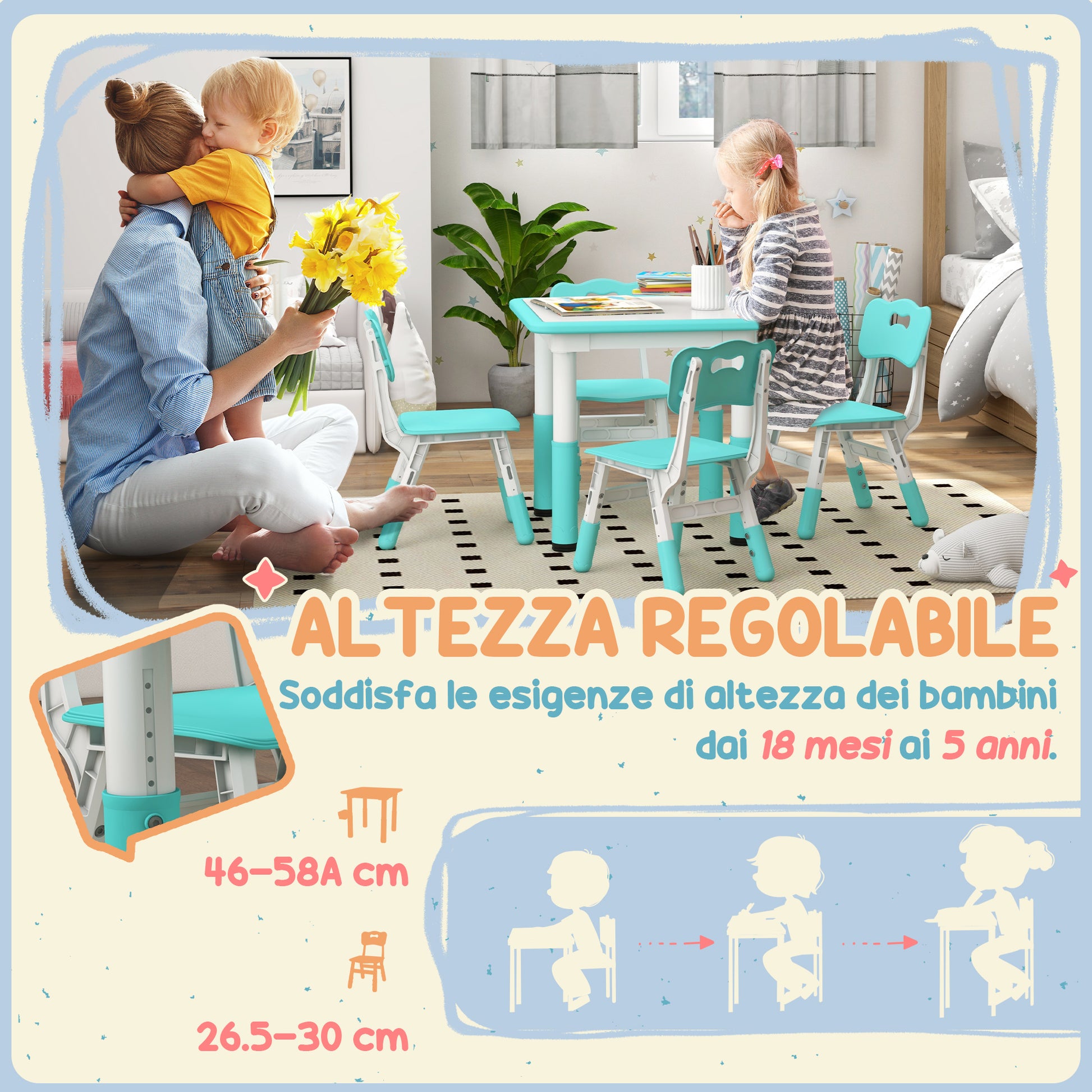 Children's Table and Chairs Set 18-60 Months, Space-Saving Design, Adjustable Height, Children's Table with Chalkboard for Kids' Room, in Wood and PP, for 4 Children, Green