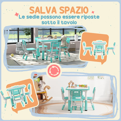 Children's Table and Chairs Set 18-60 Months, Space-Saving Design, Adjustable Height, Children's Table with Chalkboard for Kids' Room, in Wood and PP, for 4 Children, Green