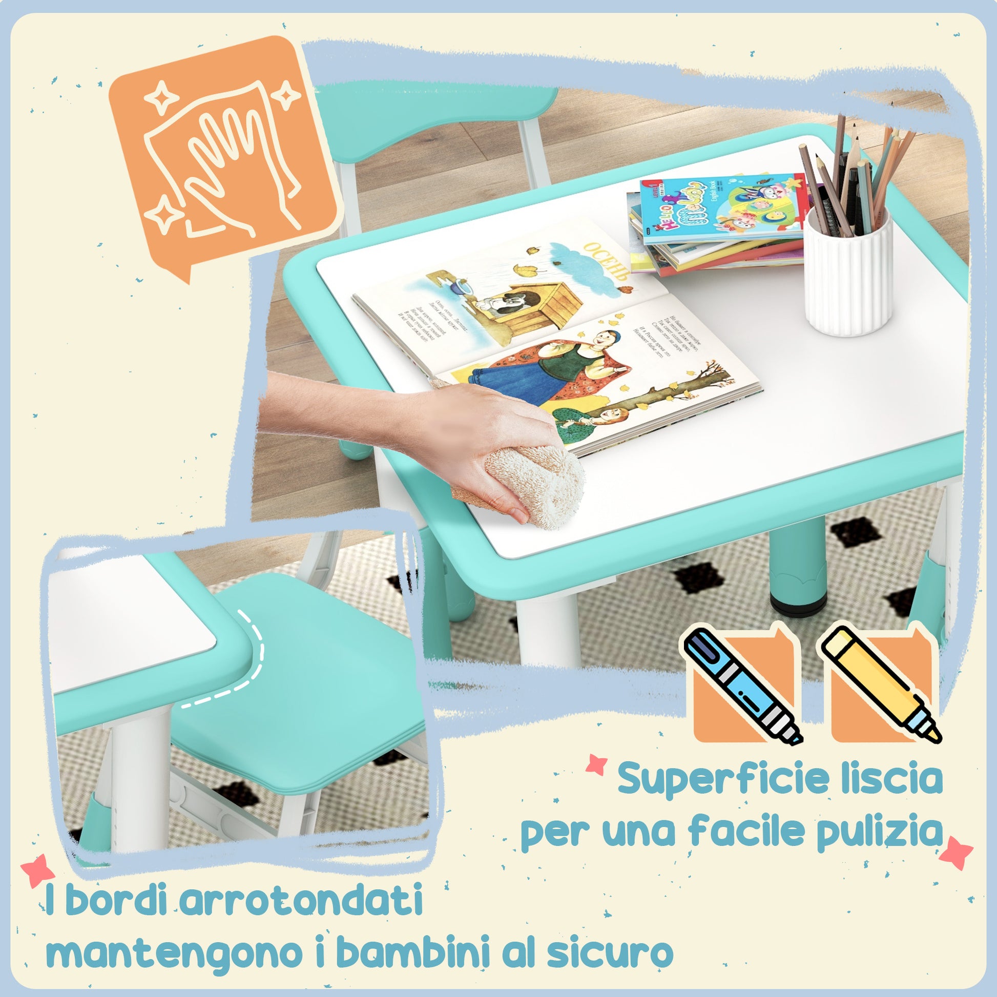 Children's Table and Chairs Set 18-60 Months, Space-Saving Design, Adjustable Height, Children's Table with Chalkboard for Kids' Room, in Wood and PP, for 4 Children, Green