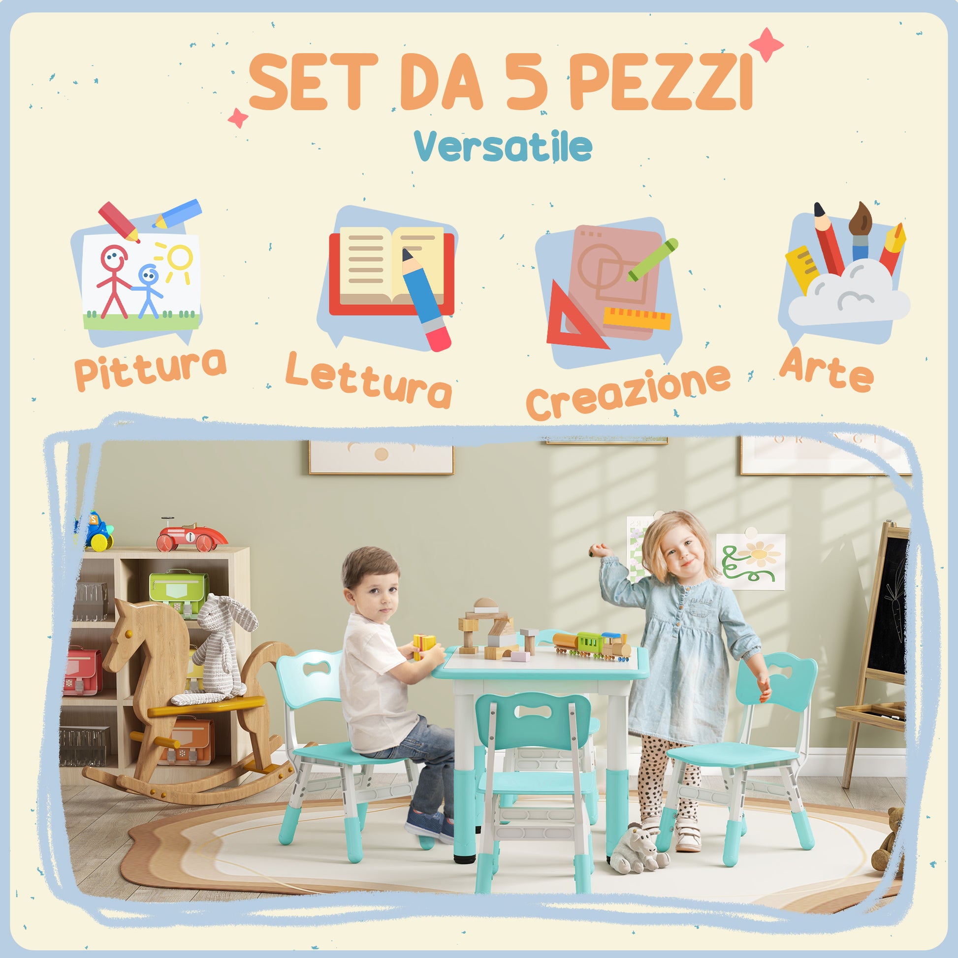 Children's Table and Chairs Set 18-60 Months, Space-Saving Design, Adjustable Height, Children's Table with Chalkboard for Kids' Room, in Wood and PP, for 4 Children, Green