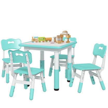 Children's Table and Chairs Set 18-60 Months, Space-Saving Design, Adjustable Height, Children's Table with Chalkboard for Kids' Room, in Wood and PP, for 4 Children, Green